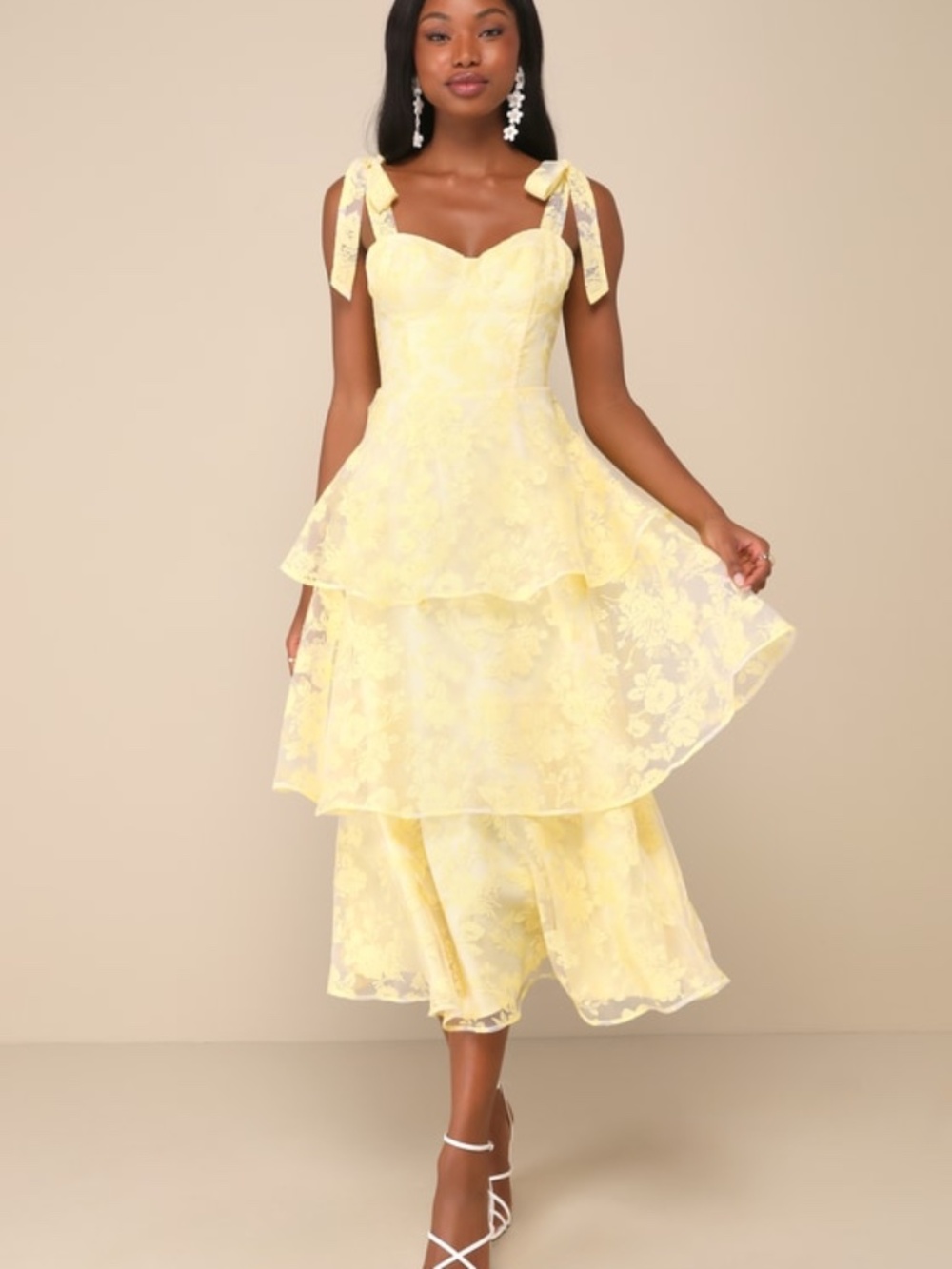 Lulus Glamorous Sweetie Yellow Burnout Tie-strap Bustier Midi Dress - Size S